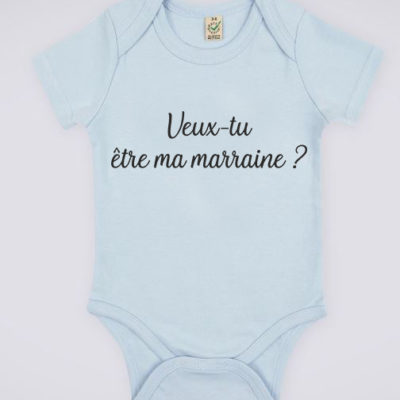 Image de body bleu pour bébé "Veux-tu être ma marraine ?" - MCL Sérigraphie