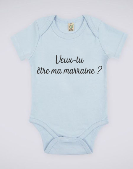 Image de body bleu pour bébé "Veux-tu être ma marraine ?" - MCL Sérigraphie