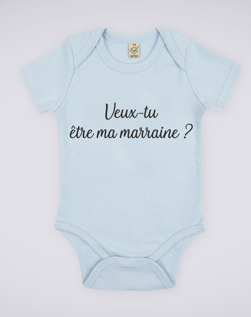Body rose pour bébé "Veux-tu être ma marraine ?" - MCL Sérigraphie Image de body bleu pour bébé "Veux-tu être ma marraine ?" - MCL Sérigraphie