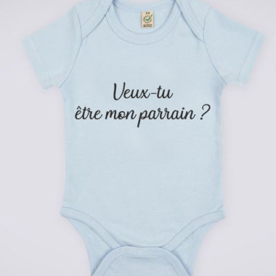 Image de body bleu pour bébé "Veux-tu être mon parrain ?" - MCL Sérigraphie