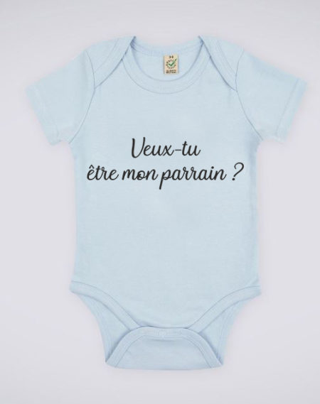 Image de body bleu pour bébé "Veux-tu être mon parrain ?" - MCL Sérigraphie