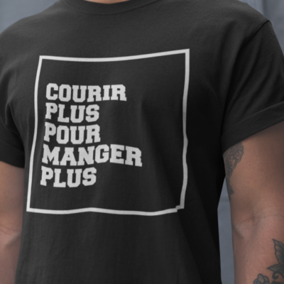 Image de t-shirt noir pour homme "Courir plus pour manger plus" - MCL Sérigraphie