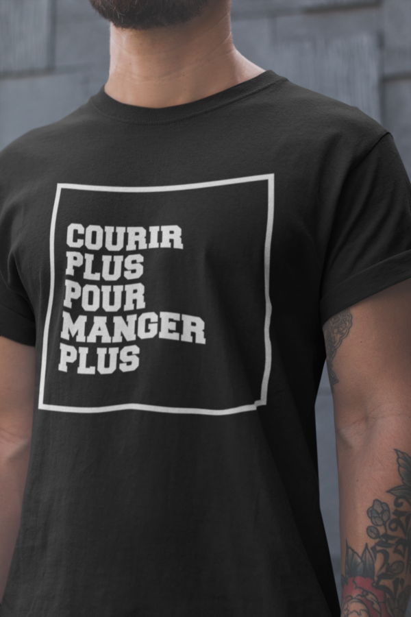 Image de t-shirt noir pour homme "Courir plus pour manger plus" - MCL Sérigraphie