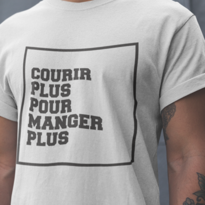 Image de t-shirt blanc pour homme "Courir plus pour manger plus" - MCL Sérigraphie