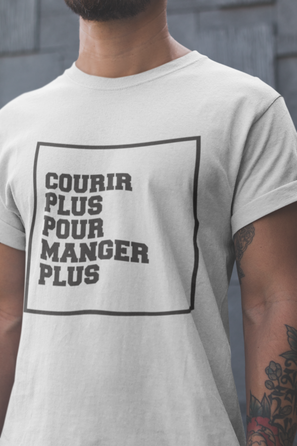 Image de t-shirt blanc pour homme "Courir plus pour manger plus" - MCL Sérigraphie