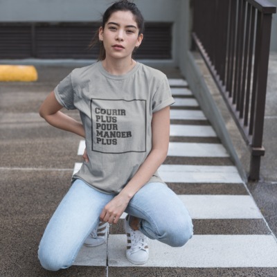 Image de t-shirt gris pour femme "Courir plus pour manger plus" - MCL Sérigraphie