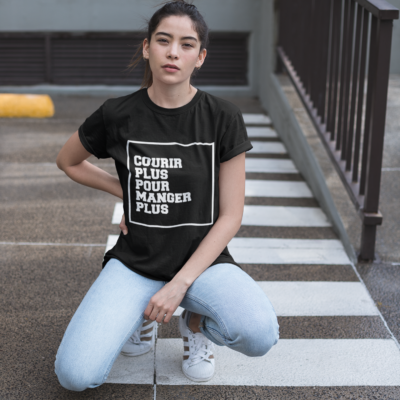 Image de t-shirt noir pour femme "Courir plus pour manger plus" - MCL Sérigraphie