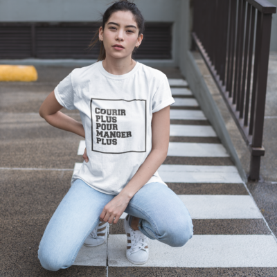 Image de t-shirt blanc pour femme "Courir plus pour manger plus" - MCL Sérigraphie