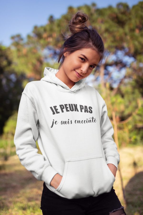 Image de sweat à capuche blanc pour femme "Je peux pas je suis enceinte" - MCL Sérigraphie