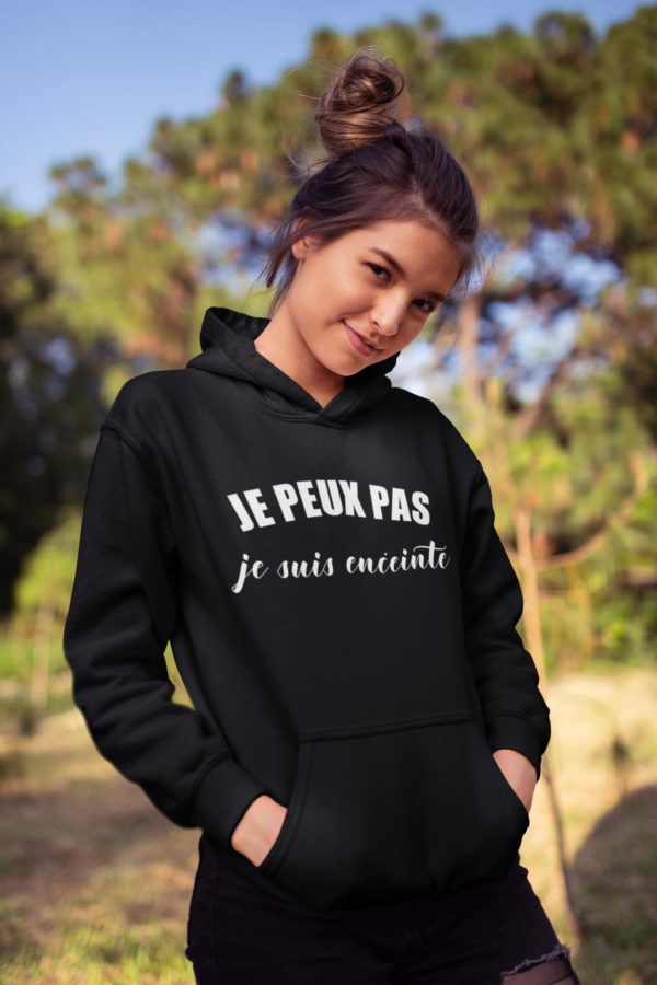 Image de sweat à capuche noir pour femme "Je peux pas je suis enceinte" - MCL Sérigraphie