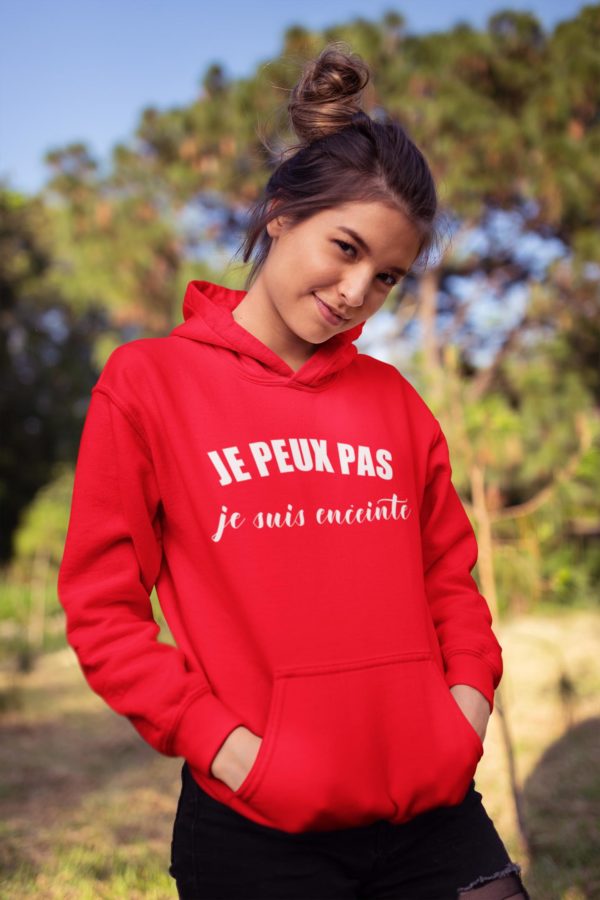 Image de sweat à capuche rouge pour femme "Je peux pas je suis enceinte" - MCL Sérigraphie