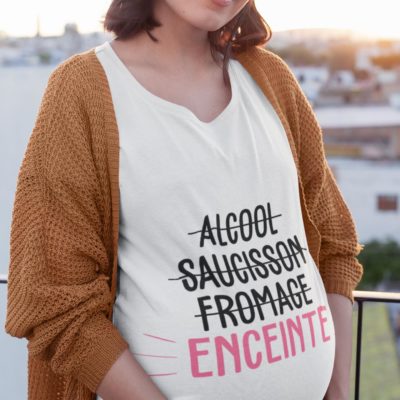 Image de t-shirt blanc pour femme enceinte "Alcool, saucisson, formage, enceinte" - MCL Sérigraphie