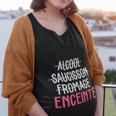 Image de t-shirt noir pour femme enceinte "Alcool, saucisson, formage, enceinte" - MCL Sérigraphie
