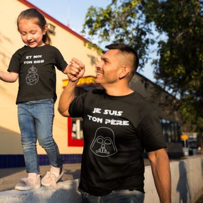 Image de duos de t-shirts noirs pour enfant et homme "Je suis ton père" et "Et moi ton BB8" - MCL Sérigraphie