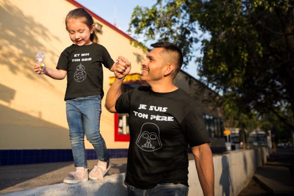 Image de duos de t-shirts noirs pour enfant et homme "Je suis ton père" et "Et moi ton BB8" - MCL Sérigraphie