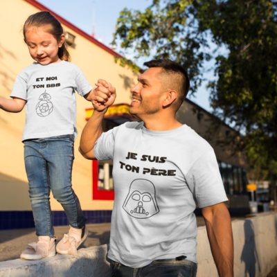 Image de duos de t-shirts blancs pour enfant et homme "Je suis ton père" et "Et moi ton BB8" - MCL Sérigraphie