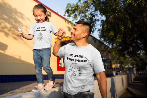 Image de duos de t-shirts blancs pour enfant et homme "Je suis ton père" et "Et moi ton BB8" - MCL Sérigraphie