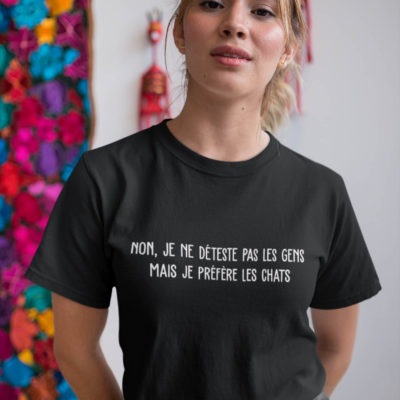 Image de t-shirt noir pour femme "Je ne déteste pas les gens, mais je préfère les chats" - MCL Sérigraphie