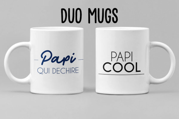 Image de duo de mugs "Papi qui déchire" et "Papi cool" - MCL Sérigraphie