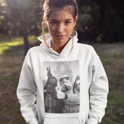 Image de sweat à capuche blanc pour femme "Selfie à Paris - Star Wars" - MCL Sérigraphie