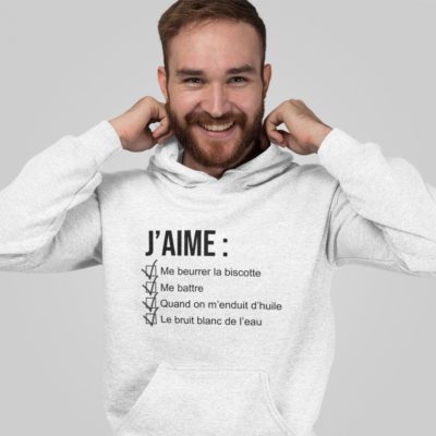 Image de sweat à capuche blanc pour homme "J'aime me beurrer la biscotte - OSS 117" - MCL Sérigraphie