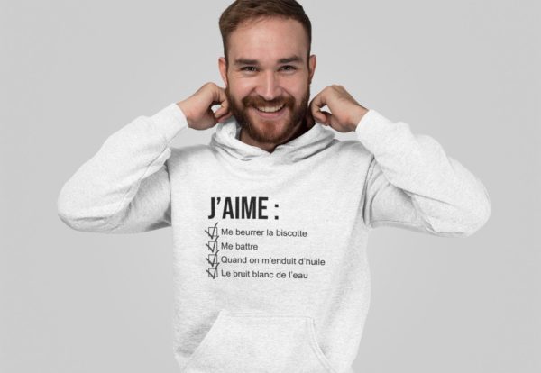 Image de sweat à capuche blanc pour homme "J'aime me beurrer la biscotte - OSS 117" - MCL Sérigraphie