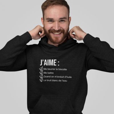 Image de sweat à capuche noir pour homme "J'aime me beurrer la biscotte - OSS 117" - MCL Sérigraphie