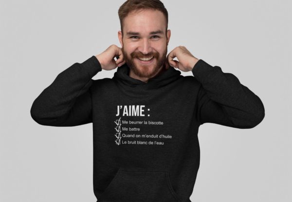 Image de sweat à capuche noir pour homme "J'aime me beurrer la biscotte - OSS 117" - MCL Sérigraphie