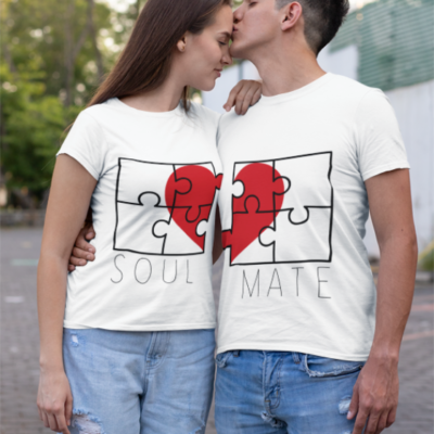 Image de duo de t-shirts blanc femme et blanc homme "Soul/Mate" - MCL Sérigraphie