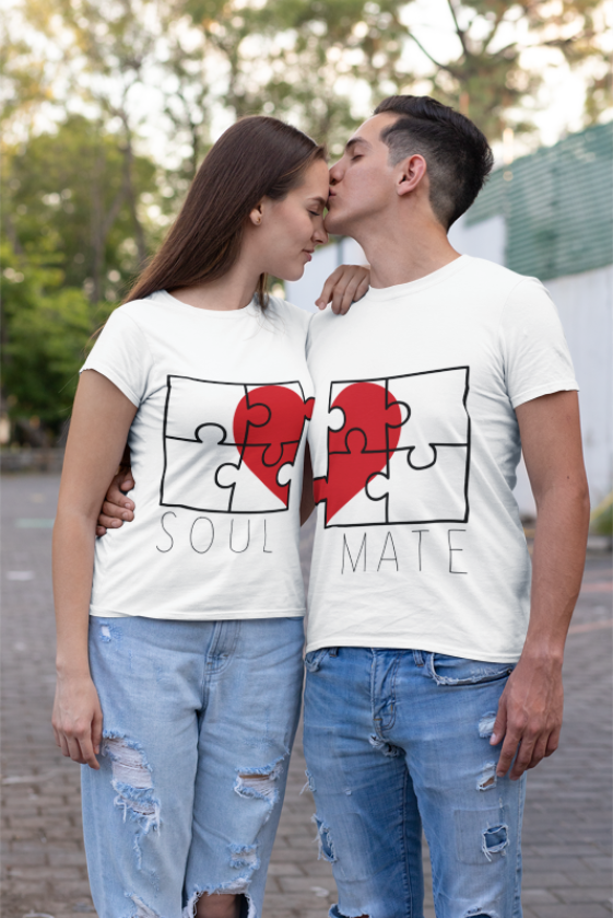 Image de duo de t-shirts blanc femme et blanc homme "Soul/Mate" - MCL Sérigraphie