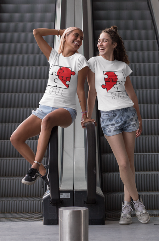 Image de duo de t-shirts blancs femmes "Soul/Mate" - MCL Sérigraphie