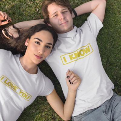Image de duo de t-shirts blanc femme et blanc homme "I Love You/I Know" - MCL Sérigraphie