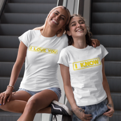 Image de duo de t-shirts blancs femme "I Love You/I Know" - MCL Sérigraphie