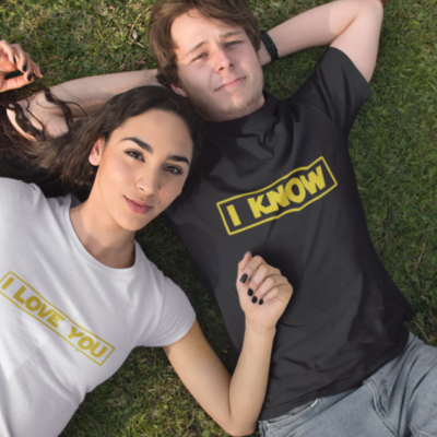 Image de duo de t-shirts blanc femme et noir homme "I Love You/I Know" - MCL Sérigraphie