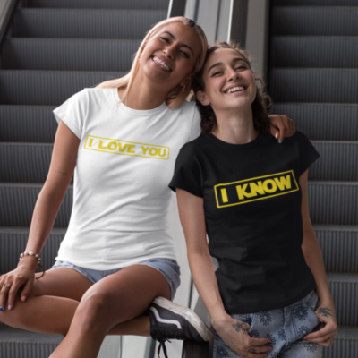 Image de duo de t-shirts blanc et noir femme "I Love You/I Know" - MCL Sérigraphie