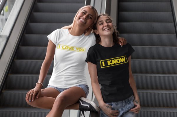 Image de duo de t-shirts blanc et noir femme "I Love You/I Know" - MCL Sérigraphie