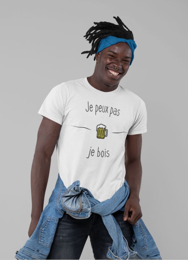 T-shirt blanc pour homme "Je peux pas je bois" - MCL Sérigraphie Image de t-shirt blanc pour homme "Je peux pas je bois" - MCL Sérigraphie