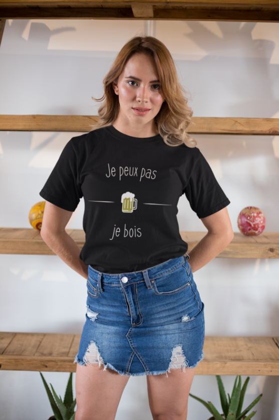 Image de t-shirt noir pour femme "Je peux pas je bois" - MCL Sérigraphie