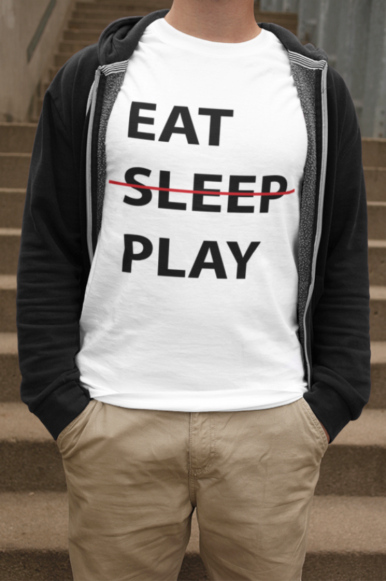 Image de t-shirt blanc pour homme "Eat, sleep, play" - MCL Sérigraphie