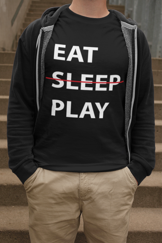 Image de t-shirt noir pour homme "Eat, sleep, play" - MCL Sérigraphie