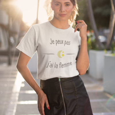 Image de t-shirt blanc pour femme "Je peux pas j'ai la flemme" - MCL Sérigraphie