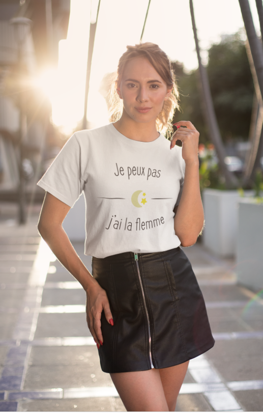 Image de t-shirt blanc pour femme "Je peux pas j'ai la flemme" - MCL Sérigraphie