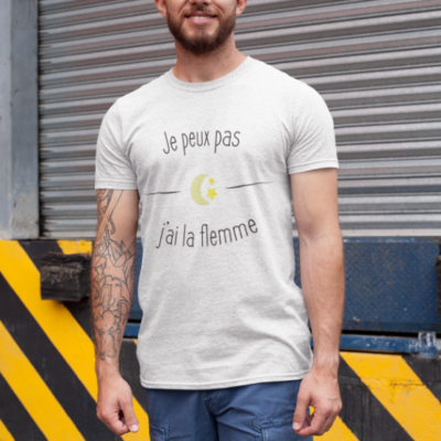 Image de t-shirt blanc pour homme "Je peux pas j'ai la flemme" - MCL Sérigraphie