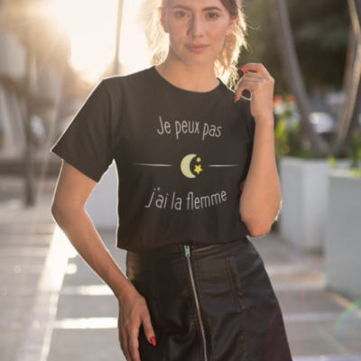 Image de t-shirt noir pour femme "Je peux pas j'ai la flemme" - MCL Sérigraphie