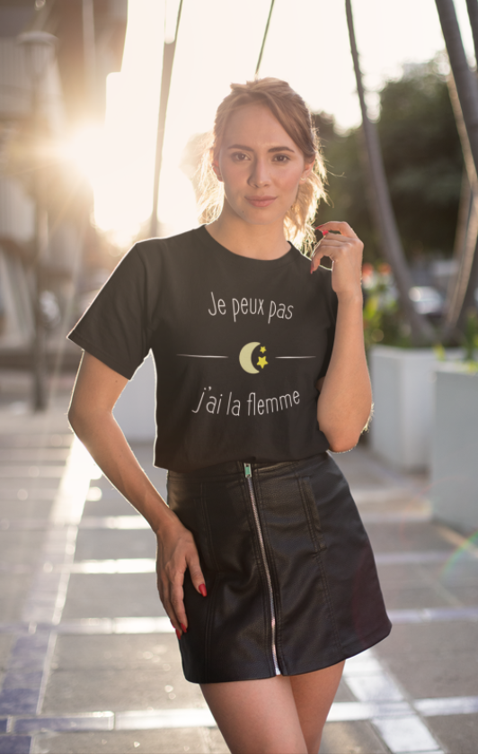 Image de t-shirt noir pour femme "Je peux pas j'ai la flemme" - MCL Sérigraphie