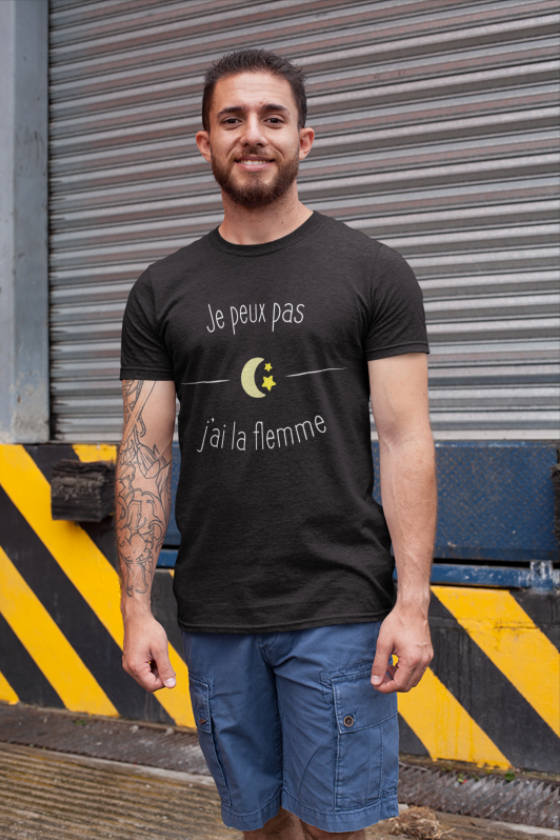 Image de t-shirt noir pour homme "Je peux pas j'ai la flemme" - MCL Sérigraphie