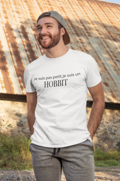 Image de t-shirt blanc pour homme "Je suis pas petit, je suis un hobbit" - MCL Sérigraphie