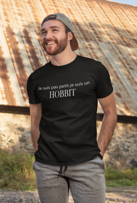 Image de t-shirt noir pour homme "Je suis pas petit, je suis un hobbit" - MCL Sérigraphie