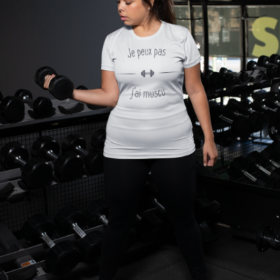 Image de t-shirt blanc pour femme "Je peux pas j'ai muscu" - MCL Sérigraphie