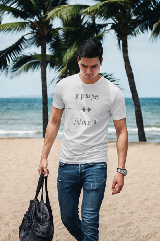 Image de t-shirt blanc pour homme "Je peux pas j'ai muscu" - MCL Sérigraphie